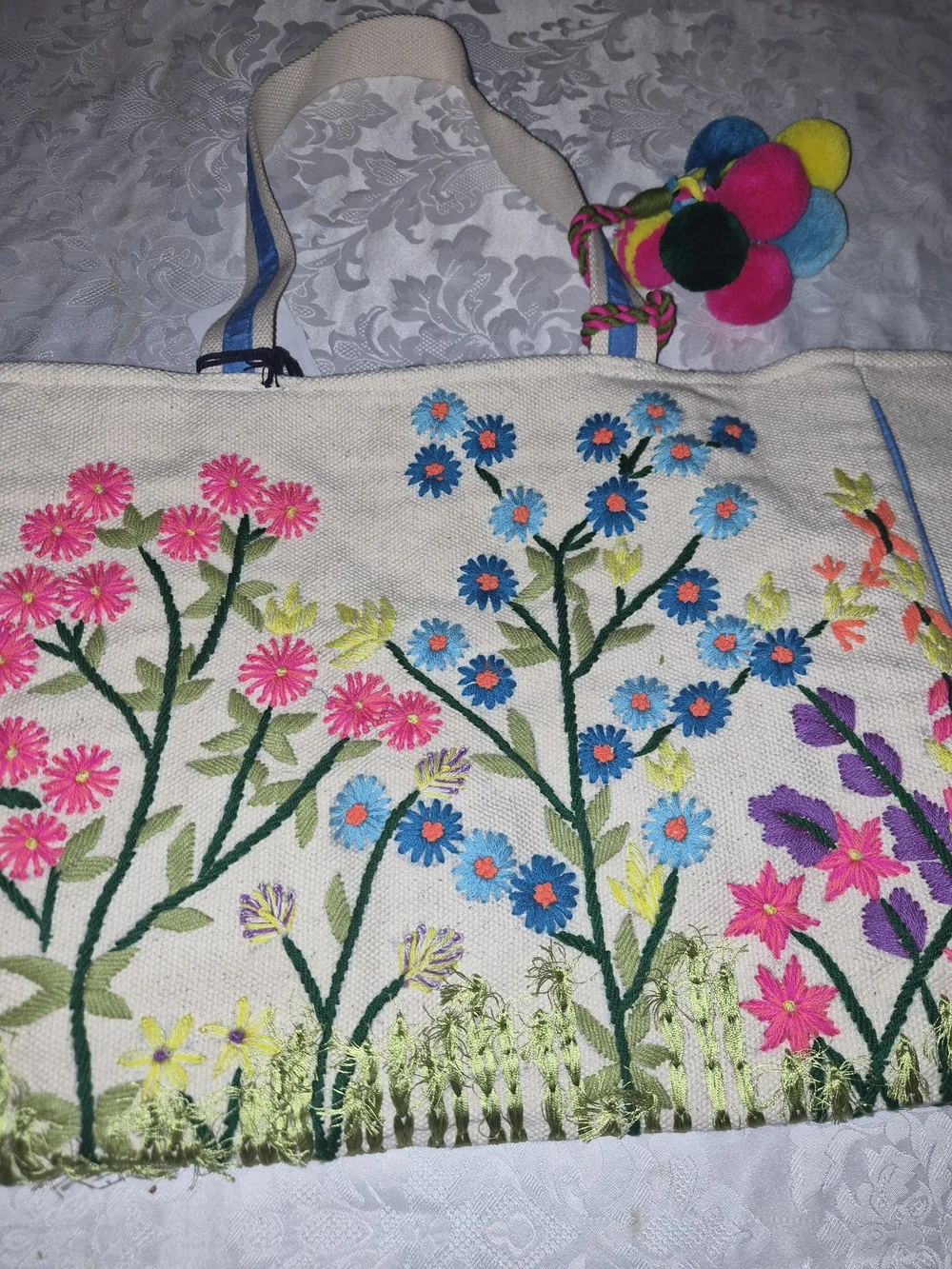 Canvas Floral Embroidered Tote with Colorful Pom-Poms - Unbranded